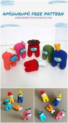 there are many small knitted toys on the table