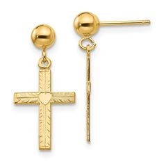 14k Yellow Gold Cross Religious Drop Dangle Chandelier Post Stud Earrings Fine Jewelry Gifts For Women For Her Dangle Earrings IceCarats.com Designer Jewelry Gift USA Bow Jewelry, Yellow Earrings, Cross Earrings, Gold Cross, Gold Polish, Religious Jewelry, Fine Jewelry Gift, Fine Jewellery Earrings, Black Bow