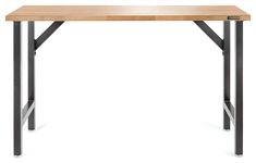 a wooden table with metal legs on a white background