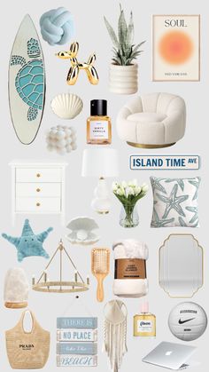 a collage of various items including a surfboard, vases and other things