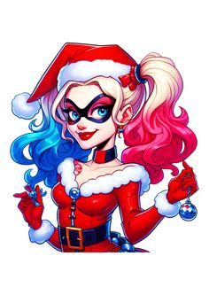 a drawing of a woman dressed up as harley and santa hat with her hands in the air