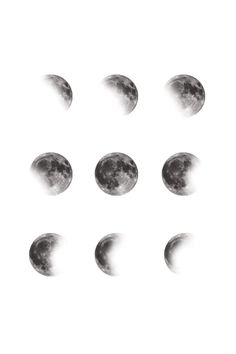 six phases of the moon are shown in black and white, with only one half visible