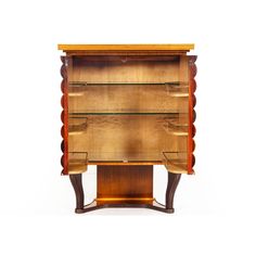 an old wooden cabinet with glass shelves on the top and bottom shelf, against a white background