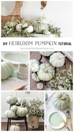 pumpkins and greenery are arranged on the floor with text overlay that reads diy heiron pumpkin tutor