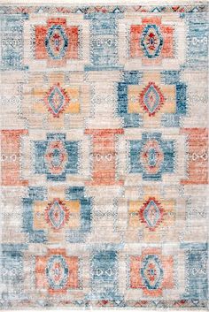 an orange, blue and white rug with different colored squares on the bottom half of it