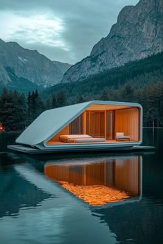 a floating bed in the middle of a body of water with mountains in the background