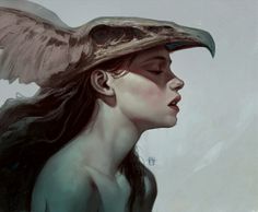 a painting of a woman wearing a hat with wings on it's brim