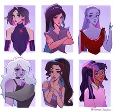 six female avatars with different hair colors and hairstyles, all in purple