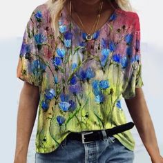 Watercolor Floral Short Sleeve Printed V-Neck T-Shirt Blouse New Without Tags. Color: Blue Multicolored Size: Large Casual Floral Print V-neck Top For Summer, Casual V-neck Tank Top For Spring, Bohemian Multicolor V-neck T-shirt, Casual Printed V-neck Blouse, Casual V-neck Printed Blouse, Casual Summer V-neck Top With Floral Print, Casual Short Sleeve V-neck Top With Floral Print, Casual Floral Print Short Sleeve V-neck Top, Multicolor Floral Print V-neck T-shirt