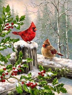 a painting of two birds on a fence post in the snow with holly and berries