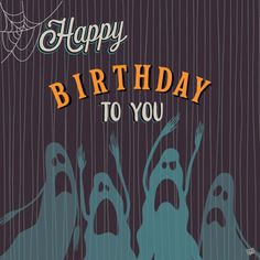 happy birthday to you card with ghost silhouettes in the rain and spider web on it