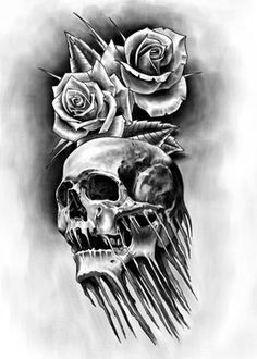 a black and white drawing of a skull with two roses on it's head