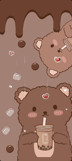 two brown teddy bears sitting next to each other with chocolate syrup on them and one bear holding a cup