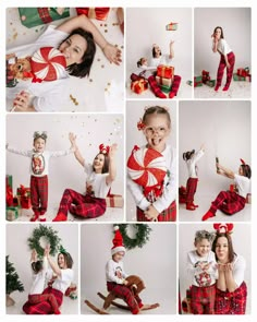 a collage of photos shows a woman and child dressed up as santa clausees