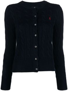 navy blue cotton signature Polo Pony motif cable knit front button fastening round neck long sleeves straight hem ribbed trim Dark Blue Sweater, Wardrobe Edit, Blue Cardigan, Embroidered Sweater, Cable Knit Cardigan, Blue Logo, Cotton Cardigan, Ralph Lauren Polo