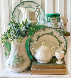 green and white china on a shelf with books