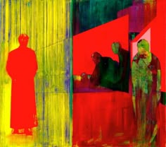 an abstract painting of two people standing in front of a red and yellow wall,