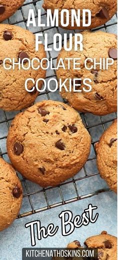 chocolate chip cookies on a cooling rack with text overlay reading almond flour chocolate chip cookies