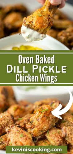 oven baked dill pickle chicken wings in a white bowl with text overlay