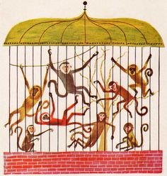 an illustration of monkeys in a cage