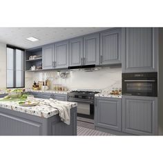 a kitchen with gray cabinets and marble counter tops