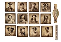 an old - fashioned photo of nine people in different hats and uniforms, with one woman's head tilted to the side