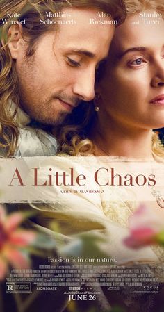 a movie poster for a little chaos with a man and woman looking at each other