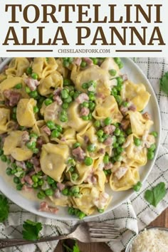 tortelli alla panna with peas and ham in a white bowl