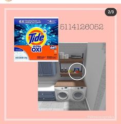 an ad for tide washing machine next to a washer and dryer in a bathroom