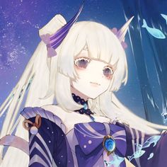 an anime character with long white hair and blue eyes is standing in front of the night sky