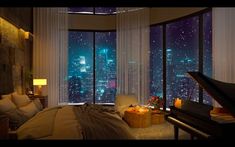 a living room with a piano in front of a window overlooking the city at night