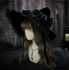 Enchanting Lolitacore Witch Hat with Lace Trim, Adorned with Roses and Artificial Pearl Chains. 6 color options. Hat With Pearls, Cute Witch Costume, Pearls And Flowers, Rosé Halloween, Pearl Chains, Creepy Costumes, Wizard Hat, Goth Hair, Magic Hat