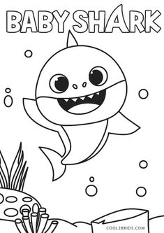 baby shark swimming in the ocean coloring page