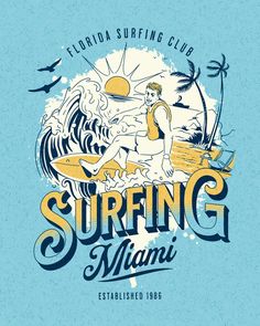 the surfing miami logo is shown on a blue background with palm trees and birds in the sky