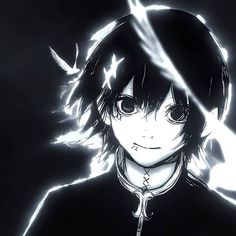 an anime character with black hair and white eyes, wearing a black shirt in the dark