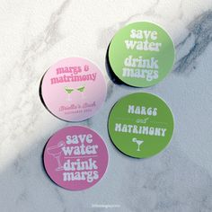 three magnets that say save water, drink marques and have drinks on them