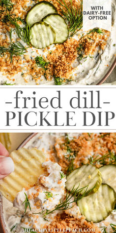 a chip covered in fried dill pickle dip Fried Dill Pickle Dip, Fried Pickle Dip, Easy Fried Pickles, Dill Pickle Dip Recipe, Pickle Dip Recipe, Crunchy Pickles, Fried Dill Pickles, Pickle Appetizers, Cold Dip