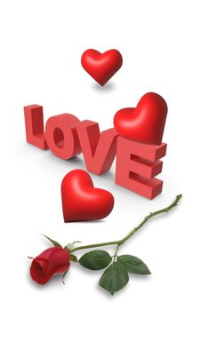 the word love is spelled with red hearts and a single rose on a white background