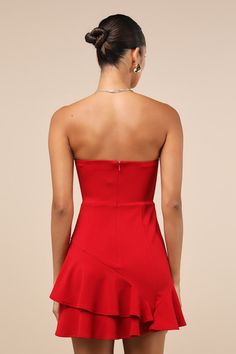 If your goal is to receive as many compliments as possible, then the Lulus Sultry Intentions Red Strapless Ruffled Mini Dress is the perfect option! This flirty lil' dress is composed of stretchy crepe knit that shapes a strapless, princess-seamed bodice (with hidden no-slip strips and supportive side boning) and a straight neckline. The fitted waist tops a figure-skimming, A-line mini skirt adorned with asymmetrical, ruffled tiers. Hidden back zipper/clasp. Fit: This garment fits true to size. Red Strapless Dress Short, Red Mini Dresses, Dress Short Casual, Strapless Dress Short, Tea Dresses, School Dance Dresses, Strapless Dresses Short, Ruffled Mini Dress, Red Strapless Dress