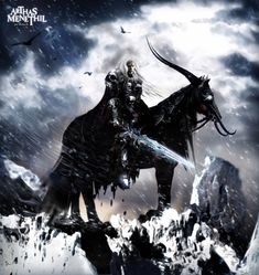 a man riding on the back of a black horse next to a mountain covered in snow