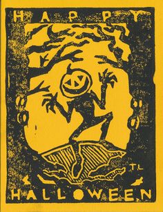 a yellow and black halloween card with an image of a person on the front cover