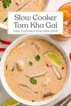 two bowls filled with soup and garnished with cilantro, limes, and mushrooms