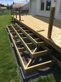 a wooden deck in front of a white house with green grass and blue sky behind it