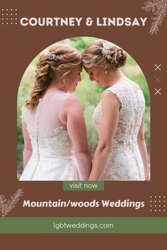 two women standing next to each other with the words mountain / woods wedding on it