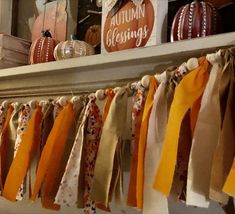 some ribbons are hanging on a shelf with pumpkins