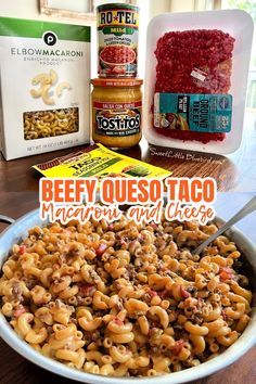 Photo of the ingredients to make Beefy Queso Taco Macaroni and Cheese with a large skillet showing the macaroni and cheese after cooking, ready to serve. Poor Dinner, Beefy Queso, Pumpkin Pie Dump Cake, Taco Macaroni, Mexican Board, Taco Beef, Steak Sandwiches, Mexican Beef, Beef Taco