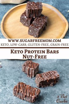 keto protein bars on a wooden plate with text overlay that says, low carb and gluten free