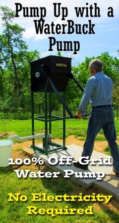 a man standing in front of a water pump with the words 100 % off grid water pump no electricity required