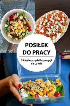 the collage shows different types of food in plastic containers and on plates, with text overlay that reads poslek do prcy