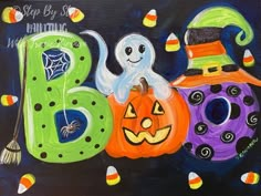 an acrylic painting of halloween pumpkins and numbers